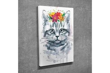Lerretsbilde - Katt med blomster på hodet - Grå / Rosa / Grønn - Interiør - Maleri & posters - Lerretsbilder