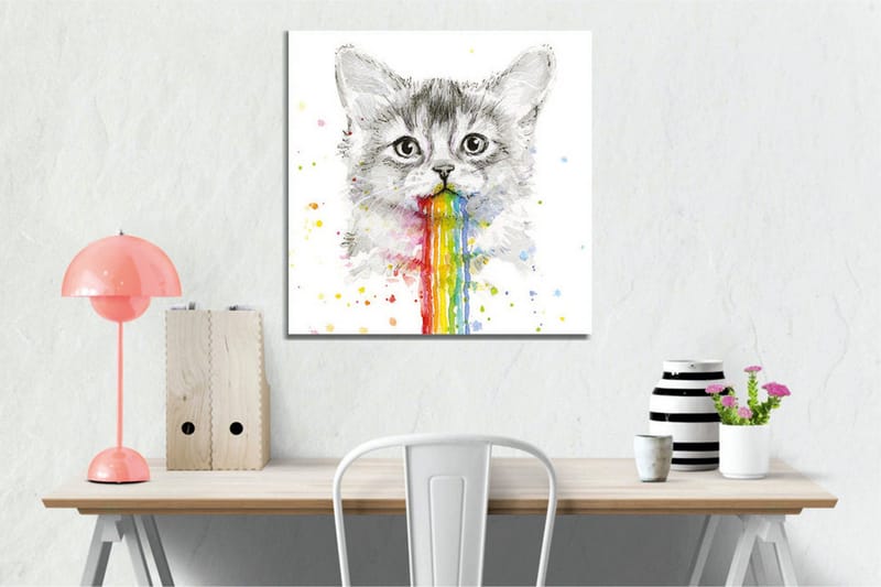 Lerretsbilde - Katt med regnbuefarget oppkast - Grå / Regnbue (rød / Oransje - Interiør - Maleri & posters - Lerretsbilder