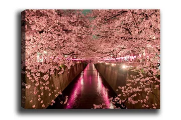 Lerretsbilde - Kirsebærblomster ved en kanal - Rosa / Grønn / Lilla - Interiør - Maleri & posters - Lerretsbilder
