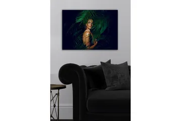 Lerretsbilde - Kvinne delvis skjult bak grønne palmeblader - Mørkegrønn / Hudtone / Svart - Interiør - Maleri & posters - Lerretsbilder