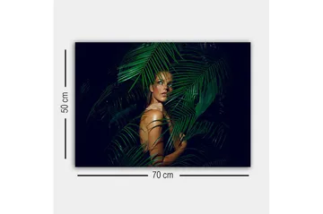 Lerretsbilde - Kvinne delvis skjult bak grønne palmeblader - Mørkegrønn / Hudtone / Svart - Interiør - Maleri & posters - Lerretsbilder