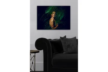 Lerretsbilde - Kvinne delvis skjult bak grønne palmeblader - Mørkegrønn / Hudtone / Svart - Interiør - Maleri & posters - Lerretsbilder