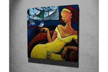 Lerretsbilde - Kvinne i gul kjole som sitter med en fugl på hånden - Gul / Blå / Rød - Interiør - Maleri & posters - Lerretsbilder