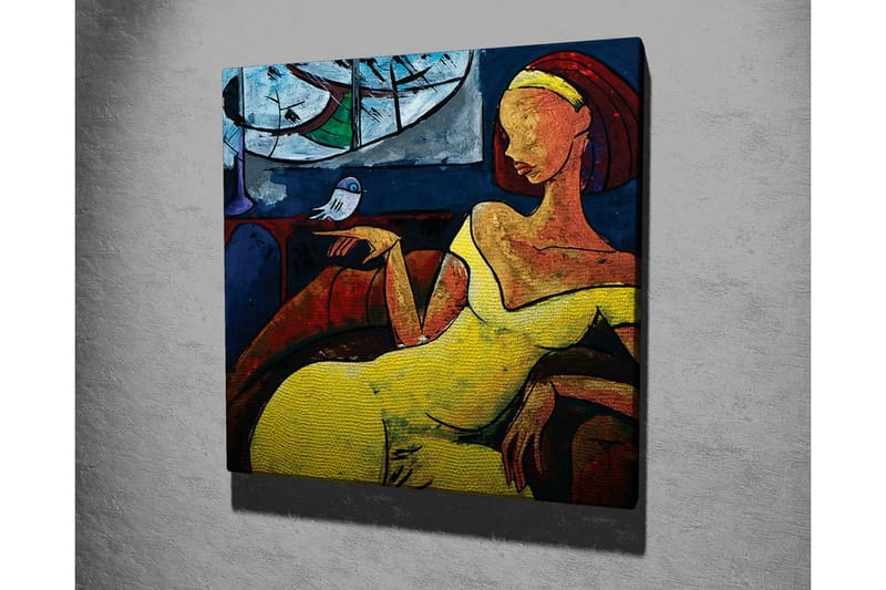 Lerretsbilde - Kvinne i gul kjole som sitter med en fugl på hånden - Gul / Blå / Rød - Interiør - Maleri & posters - Lerretsbilder