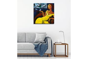 Lerretsbilde - Kvinne i gul kjole som sitter med en fugl på hånden - Gul / Blå / Rød - Interiør - Maleri & posters - Lerretsbilder