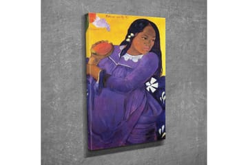 Lerretsbilde - Kvinne i lilla kjole som holder en frukt - Lilla / Gul / Hvit - Interiør - Maleri & posters - Lerretsbilder