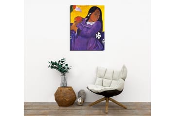 Lerretsbilde - Kvinne i lilla kjole som holder en frukt - Lilla / Gul / Hvit - Interiør - Maleri & posters - Lerretsbilder