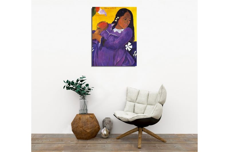 Lerretsbilde - Kvinne i lilla kjole som holder en frukt - Lilla / Gul / Hvit - Interiør - Maleri & posters - Lerretsbilder