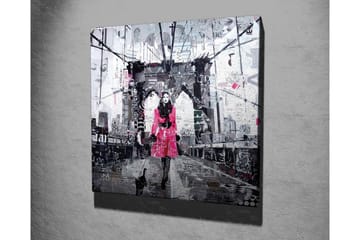 Lerretsbilde - Kvinne i rosa frakk går med en katt på en bro - Rosa / Svart / Grå - Interiør - Maleri & posters - Lerretsbilder