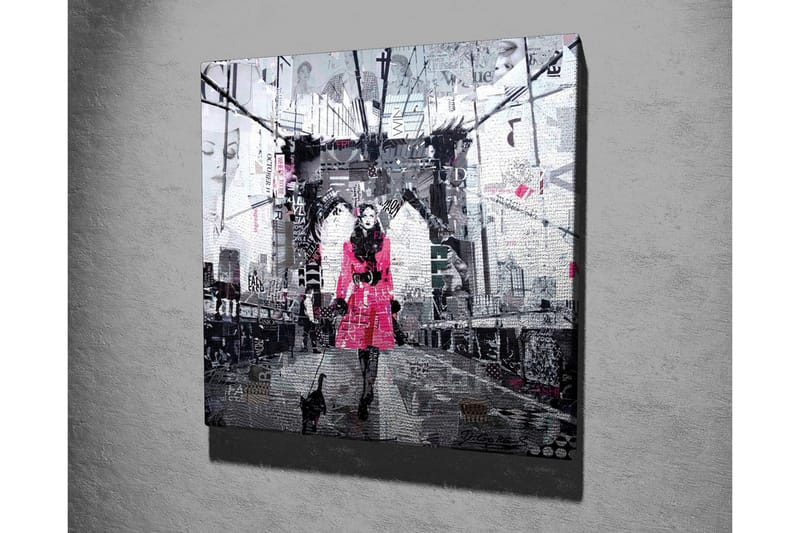Lerretsbilde - Kvinne i rosa frakk går med en katt på en bro - Rosa / Svart / Grå - Interiør - Maleri & posters - Lerretsbilder