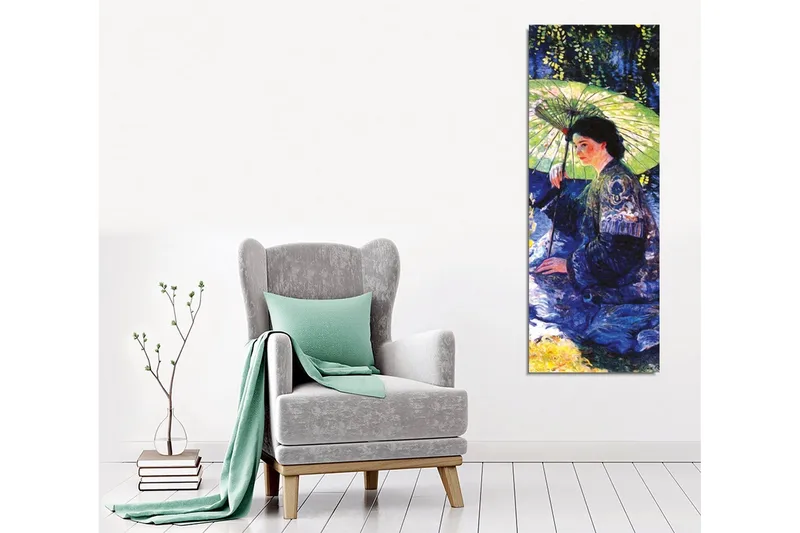 Lerretsbilde - Kvinne med parasoll i et grønt miljø - Mørk blå / Grønn / Svart - Interiør - Maleri & posters - Lerretsbilder