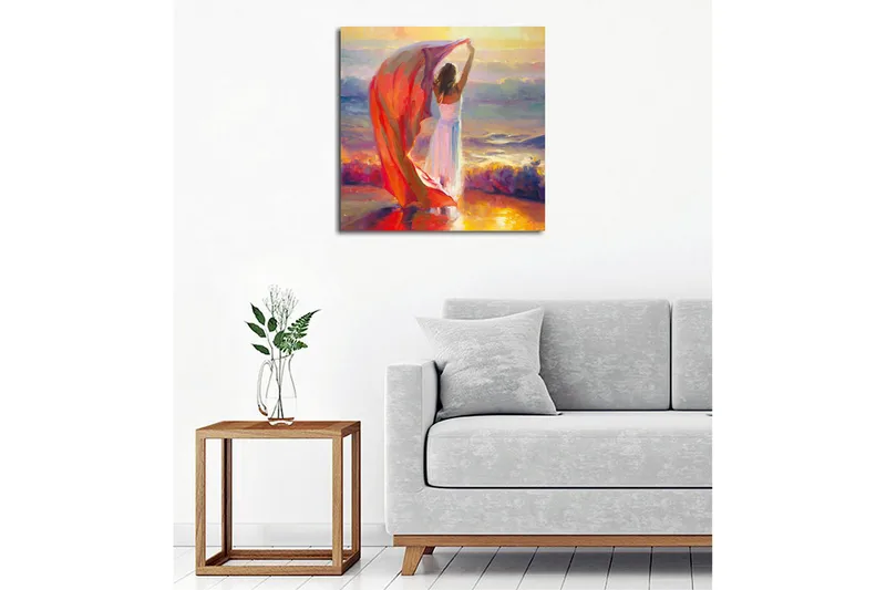 Lerretsbilde - Kvinne som holder opp et rødt sjal ved sjøen - Rød / Hvit / Blå - Interiør - Maleri & posters - Lerretsbilder