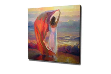 Lerretsbilde - Kvinne som holder opp et rødt sjal ved sjøen - Rød / Hvit / Blå - Interiør - Maleri & posters - Lerretsbilder