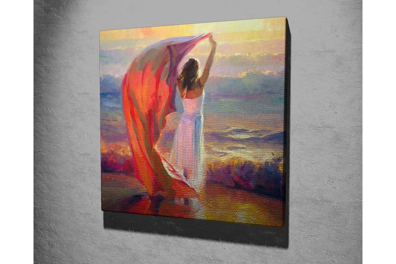 Lerretsbilde - Kvinne som holder opp et rødt sjal ved sjøen - Rød / Hvit / Blå - Interiør - Maleri & posters - Lerretsbilder