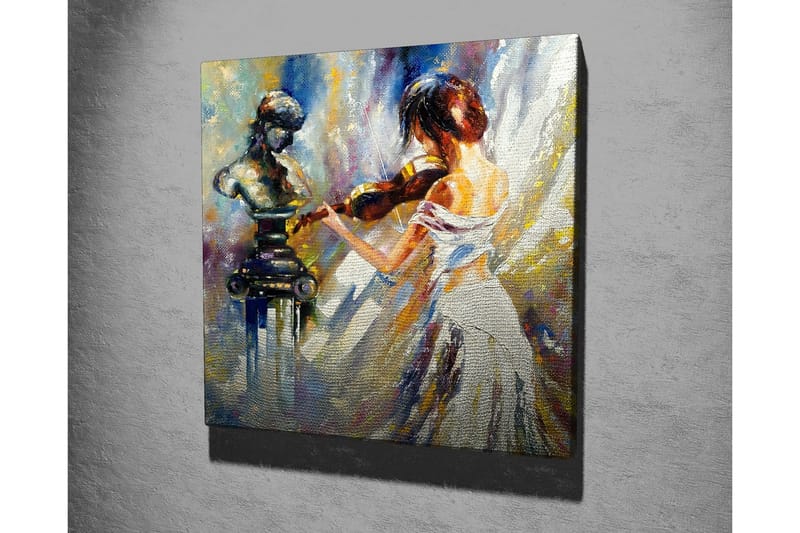 Lerretsbilde - Kvinne som spiller fiolin med en skulptur i bakgrunnen - Hvit / Blå / Gull - Interiør - Maleri & posters - Lerretsbilder