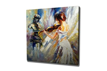 Lerretsbilde - Kvinne som spiller fiolin med en skulptur i bakgrunnen - Hvit / Blå / Gull - Interiør - Maleri & posters - Lerretsbilder