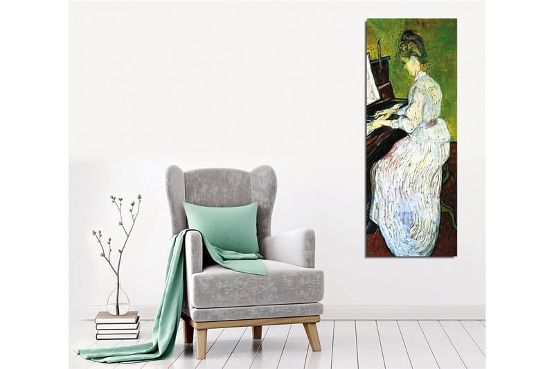 Lerretsbilde - Kvinne som spiller piano i hvit kjole - Grønn / Hvit / Brun - Interiør - Maleri & posters - Lerretsbilder