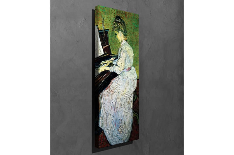 Lerretsbilde - Kvinne som spiller piano i hvit kjole - Grønn / Hvit / Brun - Interiør - Maleri & posters - Lerretsbilder