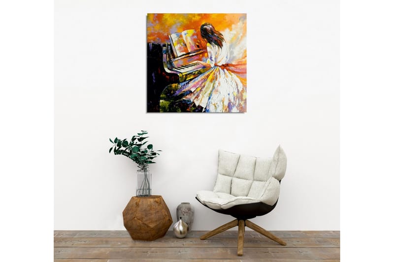 Lerretsbilde - Kvinne som spiller piano i fargerike omgivelser - Oransje / Hvit / Svart - Interiør - Maleri & posters - Lerretsbilder