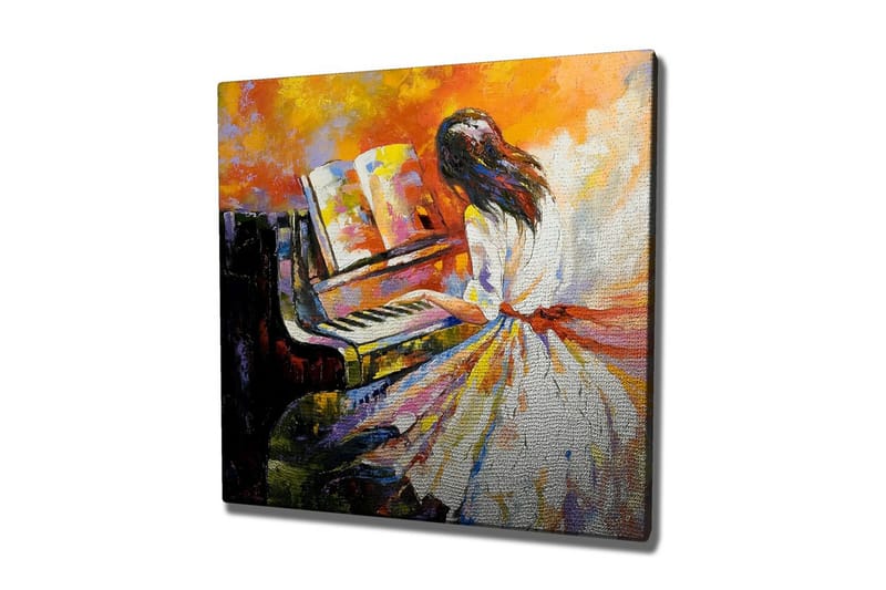 Lerretsbilde - Kvinne som spiller piano i fargerike omgivelser, Oransje / Hvit / Svart