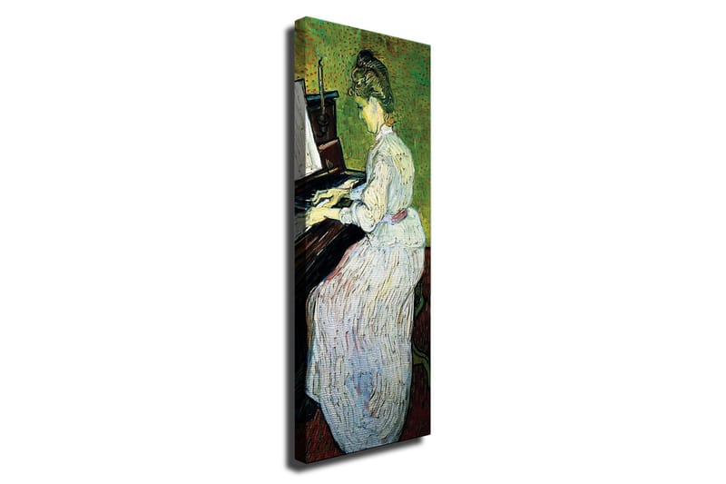 Lerretsbilde - Kvinne som spiller piano i hvit kjole, Grønn / Hvit / Brun