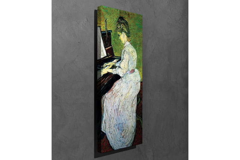 Lerretsbilde - Kvinne som spiller piano i hvit kjole - Grønn / Hvit / Brun - Interiør - Maleri & posters - Lerretsbilder