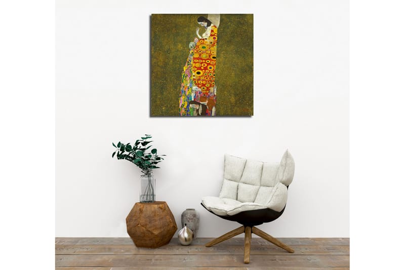 Lerretsbilde - Kvinnefigur med fargerik kjole dekorert med sirkler og blomster - Rød / Gul / Grønn - Interiør - Maleri & posters - Lerretsbilder