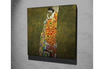 Lerretsbilde - Kvinnefigur med fargerik kjole dekorert med sirkler og blomster - Rød / Gul / Grønn - Interiør - Maleri & posters - Lerretsbilder