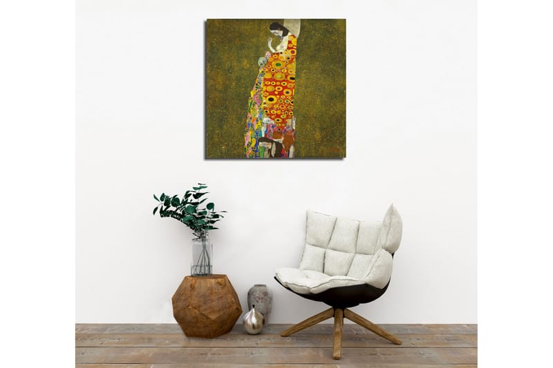 Lerretsbilde - Kvinnefigur med fargerik kjole dekorert med sirkler og blomster - Rød / Gul / Grønn - Interiør - Maleri & posters - Lerretsbilder