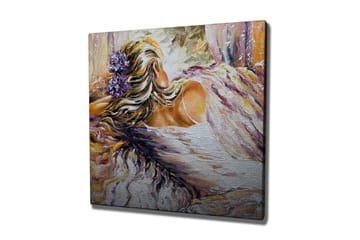 Lerretsbilde - Kvinnelig figur med blomster i håret som hviler i myke omgivelser - Lilla / Beige / Hvit - Interiør - Maleri & posters - Lerretsbilder
