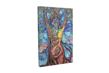 Lerretsbilde - Kvinnelig figur som forener menneske og natur gjennom treets røtter og grener - Grønn / Blå / Brun - Interiør - Maleri & posters - Lerretsbilder