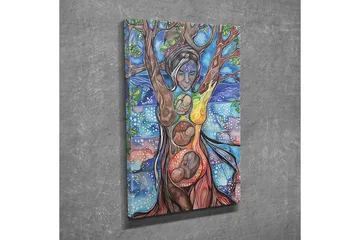 Lerretsbilde - Kvinnelig figur som forener menneske og natur gjennom treets røtter og grener - Grønn / Blå / Brun - Interiør - Maleri & posters - Lerretsbilder