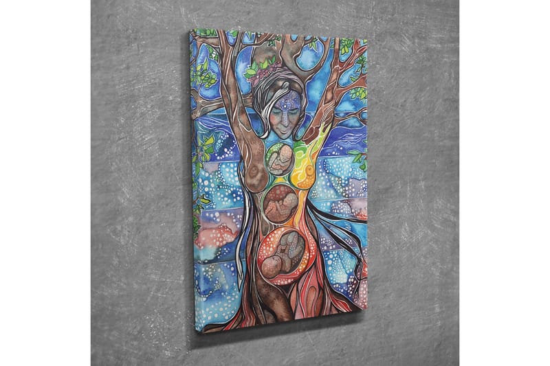 Lerretsbilde - Kvinnelig figur som forener menneske og natur gjennom treets røtter og grener - Grønn / Blå / Brun - Interiør - Maleri & posters - Lerretsbilder