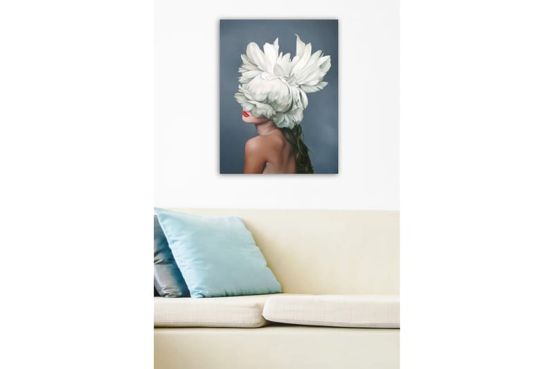 Lerretsbilde - Kvinnelig silhuett med en stor hvit blomsterkrans som dekker ansiktet hennes - Hvit / Hudtone / Rød - Interiør - Maleri & posters - Lerretsbilder