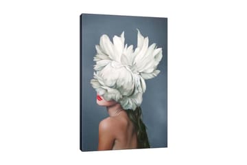 Lerretsbilde - Kvinnelig silhuett med en stor hvit blomsterkrans som dekker ansiktet hennes - Hvit / Hudtone / Rød - Interiør - Maleri & posters - Lerretsbilder