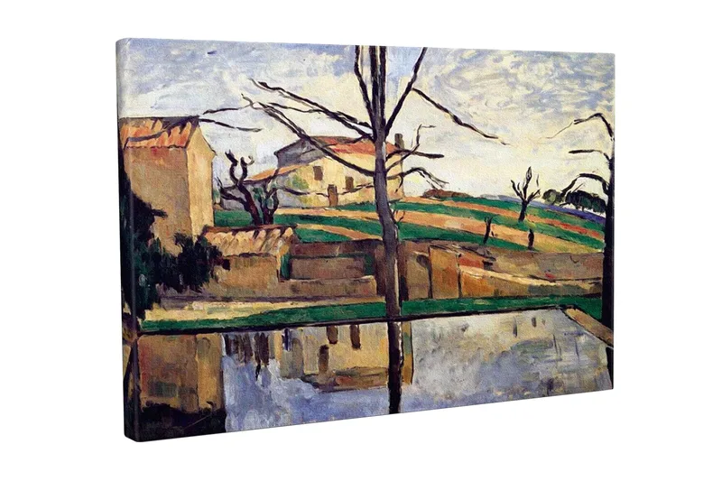 Lerretsbilde - Landskap med hus og refleksjon i vann, Grønn / Beige / Blå