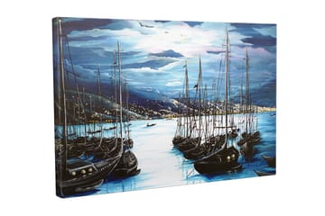 Lerretsbilde - Mørke seilbåter i en stille havn under en dramatisk himmel - Mørk blå / Svart / Lys blå - Interiør - Maleri & posters - Lerretsbilder