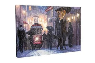 Lerretsbilde - Mørkt bybilde med en gammeldags trikk og folk med paraplyer i snøfall - Mørk blå / Rød / Grå - Interiør - Maleri & posters - Lerretsbilder