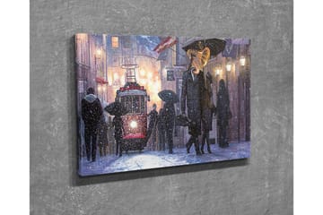 Lerretsbilde - Mørkt bybilde med en gammeldags trikk og folk med paraplyer i snøfall - Mørk blå / Rød / Grå - Interiør - Maleri & posters - Lerretsbilder