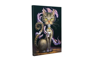 Lerretsbilde - Magisk katt med store gule øyne og virvlende dekorativ fisk rundt kroppen - Svart / Lilla / Brun - Interiør - Maleri & posters - Lerretsbilder