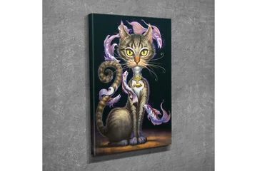Lerretsbilde - Magisk katt med store gule øyne og virvlende dekorativ fisk rundt kroppen - Svart / Lilla / Brun - Interiør - Maleri & posters - Lerretsbilder