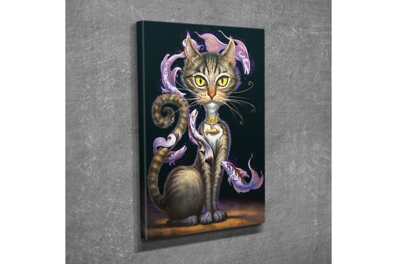 Lerretsbilde - Magisk katt med store gule øyne og virvlende dekorativ fisk rundt kroppen - Svart / Lilla / Brun - Interiør - Maleri & posters - Lerretsbilder