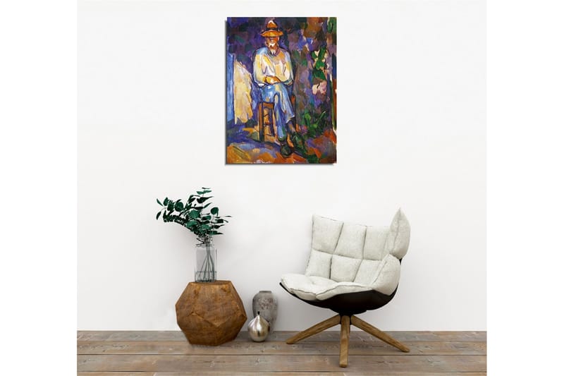 Lerretsbilde - Mann sittende på en stol med hatt - Lilla / Blå / Grønn - Interiør - Maleri & posters - Lerretsbilder