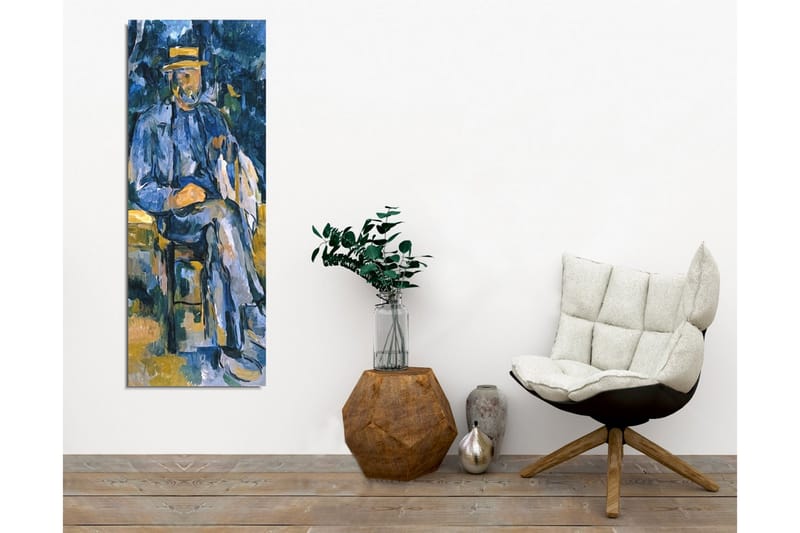 Lerretsbilde - Mann sitter med hund i et avslappet miljø - Blå / Beige / Grønn - Interiør - Maleri & posters - Lerretsbilder