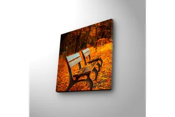 Lerretsbilde med LED-belysning 28x28 cm - Benker omgitt av høstblader i varme farger - Oransje / Brun - Interiør - Maleri & posters - Lerretsbilder
