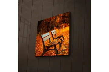Lerretsbilde med LED-belysning 28x28 cm - Benker omgitt av høstblader i varme farger - Oransje / Brun - Interiør - Maleri & posters - Lerretsbilder