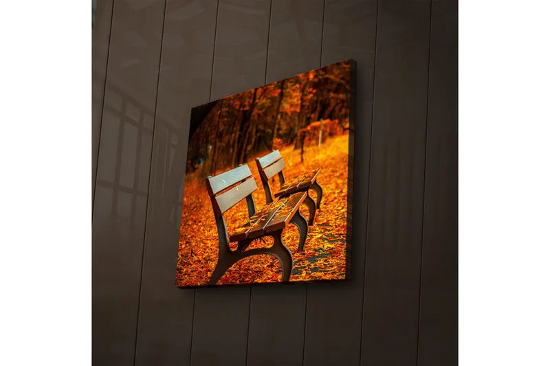 Lerretsbilde med LED-belysning 28x28 cm - Benker omgitt av høstblader i varme farger - Oransje / Brun - Interiør - Maleri & posters - Lerretsbilder