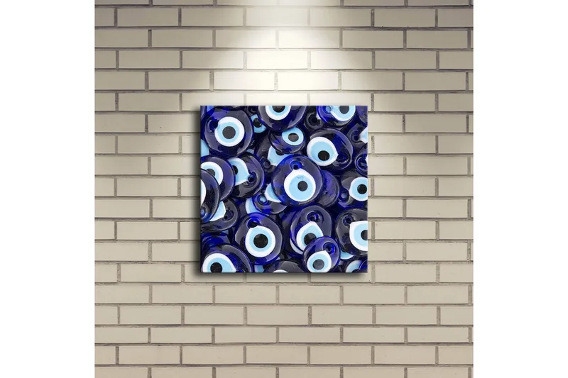Lerretsbilde med LED-belysning 28x28 cm - Blå øyeformede amuletter i et mønster - Blå / Hvit / Svart - Interiør - Maleri & posters - Lerretsbilder