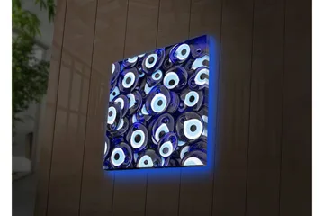 Lerretsbilde med LED-belysning 28x28 cm - Blå øyeformede amuletter i et mønster - Blå / Hvit / Svart - Interiør - Maleri & posters - Lerretsbilder