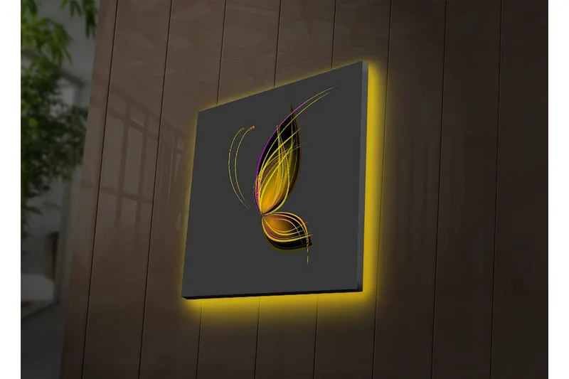 Lerretsbilde med LED-belysning 28x28 cm - Elegant sommerfugl med abstrakte linjer - Gull / Lilla / Svart - Interiør - Maleri & posters - Lerretsbilder